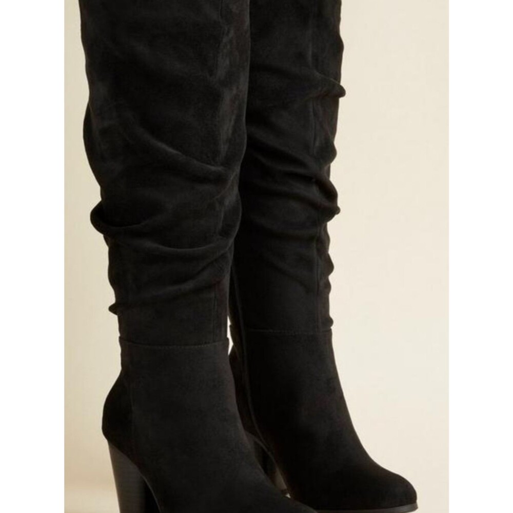 torrid Black Suede Plus Size Knee-High Slouchy Heeled Boots